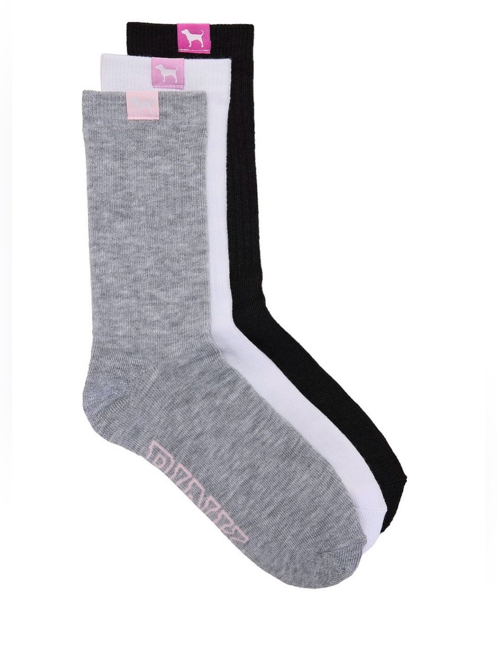 PINK Victoria's Secret 3-Pack Crew Socks in Gray, White & Black- New